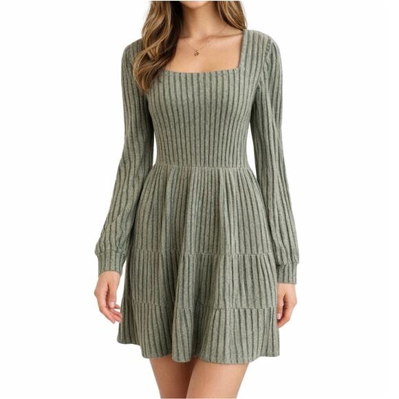 None and/or Unknown Dresses & Skirts - Ribbed‎ Tiered Dress Sz Med Square Neck w/ Pockets Boho Cottagecore Romantic